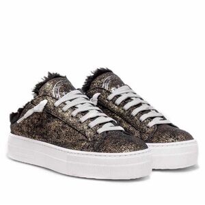 P448 Clara Metallic Faux Fur Lined Platform Slip On Sneakers Black Gold Glitter